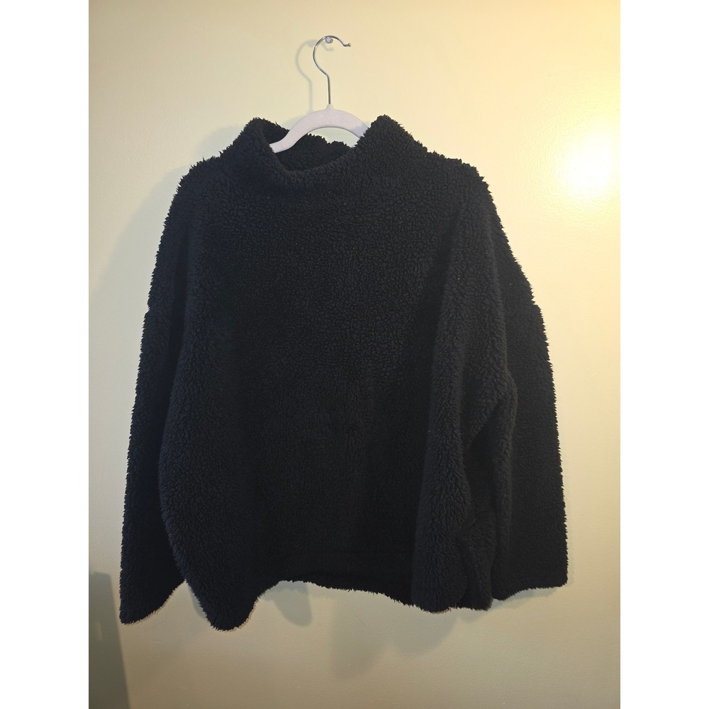 Mud Pie Black Sherpa Fleece Mock Neck Oversized Pullover Sweater One Size